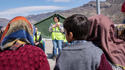 Nazlı Sinem Koytak, a psychologist from an MSF supported organisation conducts a psychosocial support session for women in Kayatepe (Rezip), on the outskirts of Adıyaman.