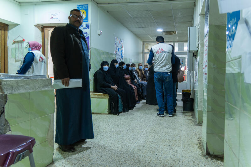 Patients waiting for their turn to see nurses and doctors at the MSF-run clinic for chronic diseases in the Hawija primary healthcare centre, Kirkuk governorate. Hawija district of Kirkuk governorate, northern Iraq.